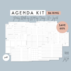 B6 Ring AGENDA KIT | Printable Minimalist Ring Planner Inserts Set pdf | Simple Theme - 18+ layouts | Yearly, Monthly, Weekly, Daily Undated