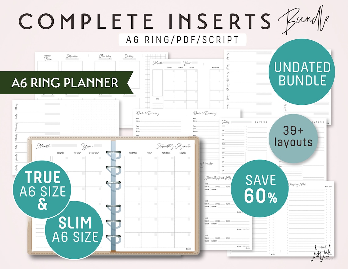 A6 Size Complete Inserts Bundle for SLIM & TRUE A6 Ring Planners ...