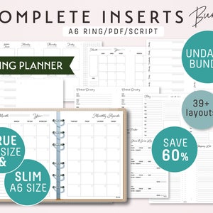 May include: An A6 ring planner insert bundle featuring 39+ layouts, including monthly, weekly, and daily pages. The bundle includes both true and slim A6 sizes. Save 60% on this undated planner bundle.
