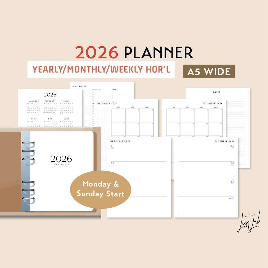 2026 A5 WIDE Yearly Monthly Weekly Wo2p HORIZONTAL Printable Planner ...
