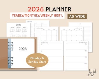 2026 A5 WIDE Yearly Monthly Weekly Wo2p HORIZONTAL Printable Planner Insert Set, DIY Planner