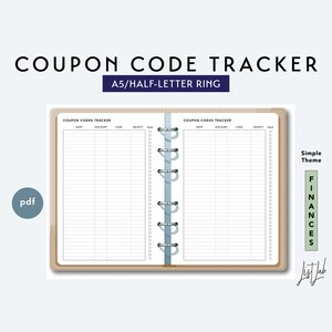 May include: A beige A5/Half-Letter ring binder with the text "COUPON CODE TRACKER" and "FINANCES". The interior pages are lined for tracking coupon codes, with columns for shop, discount, code, validity, and use. A "pdf" icon is in the lower left.