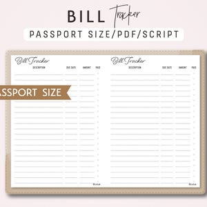 Passport Size TN Bill Tracker - Traveler&#39;s Notebook Printable PDF - Script Theme