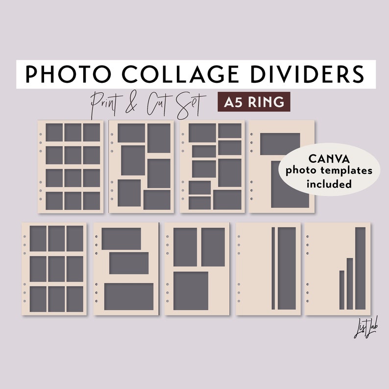 May include: A set of eight printable photo collage dividers for an A5 ring binder. The dividers feature different layouts for photos, including a grid, a single large photo, and a vertical column. The text "CANVA photo templates included" is also visible.
