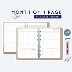 A5 and Half-Letter Month on 1 Page Set with Lists and Tracker  | Printable Ring/Discbound  Planner Inserts Set pdf |  Simple Theme