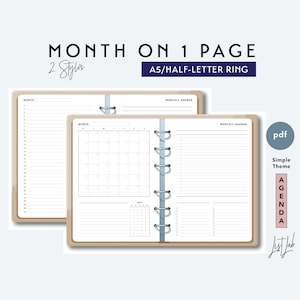 A5 and Half-Letter Month on 1 Page Set with Lists and Tracker  | Printable Ring/Discbound  Planner Inserts Set pdf |  Simple Theme