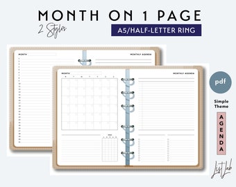 A5 and Half-Letter Month on 1 Page Set with Lists and Tracker  | Printable Ring/Discbound  Planner Inserts Set pdf |  Simple Theme