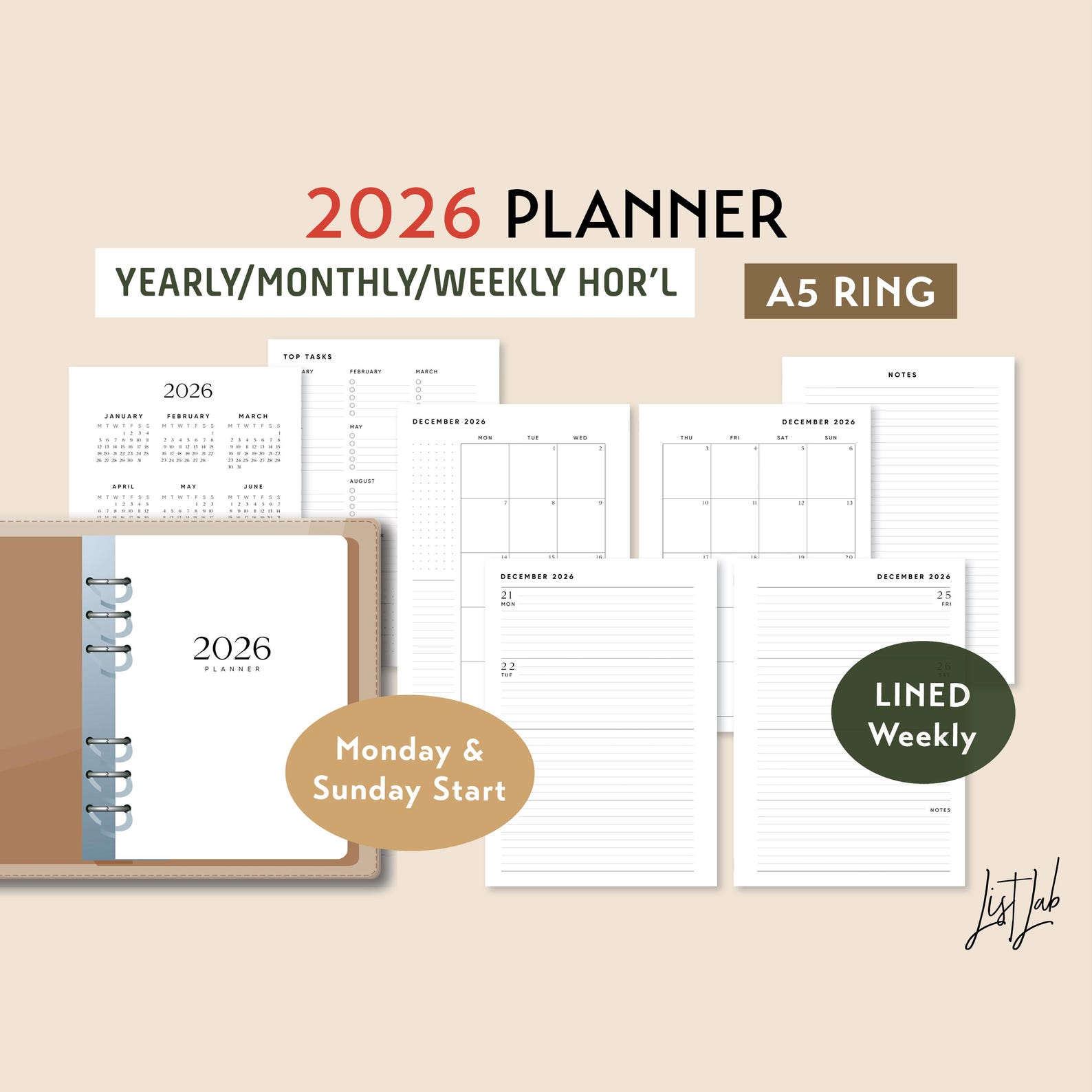 2026 A5 Ring Yearly Monthly LINED Weekly Wo2p HORIZONTAL Printable ...