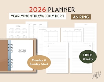 2026 A5 Ring Yearly Monthly LINED Weekly Wo2p HORIZONTAL Printable Planner Insert Set, DIY Planner