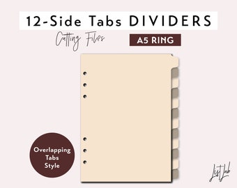 12 SIDE TAB DIVIDERS for A5 Planner – Die Cutting Files Set - Overlapping Tabs Style - svg, png, pdf | diy planner