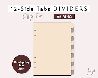 12 SIDE TAB DIVIDERS for A5 Planner – Die Cutting Files Set - Overlapping Tabs Style - svg, png, pdf | diy planner