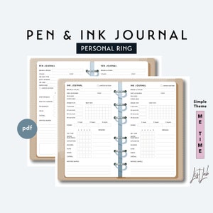 May include: A two-page spread of a brown leather-bound journal with a personal ring binding. The journal is divided into two sections: "Pen Journal" and "Ink Journal". Each section has a grid for recording information about pens and inks, including brand, color, date acquired, paper used, and performance.