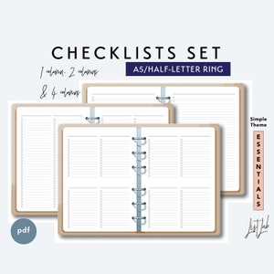 Puede incluir: Un conjunto de tres listas de verificación imprimibles en tamaño A5 o media carta con un tema simple. Las listas de verificación están diseñadas para usar con un archivador de anillas y tienen 1, 2 o 4 columnas. El texto "CHECKLISTS SET" y "A5/HALF-LETTER RING" está en la parte superior de la imagen. El texto "Simple Theme" y "ESSENTIALS" está en el lado derecho de la imagen. El texto "List Lab" está en la parte inferior derecha de la imagen.