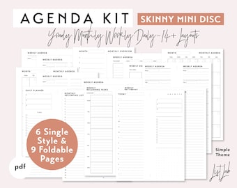 SKINNY Mini Disc AGENDA Kit | Printable Minimalist Discbound Planner Inserts Set | pdf | Simple - 14+ layouts Yearly, Monthly, Weekly, Daily