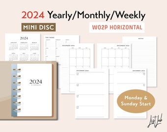 MINI DISC 2024 Yearly Monthly Weekly Wo2p HORIZONTAL Printable Planner Inserts Set, Week on 2 Pages Blank Style