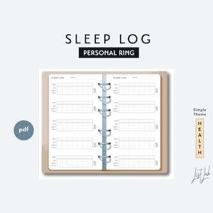 May include: A beige personal ring binder with a sleep log layout. The pages are white with black text, including "Sleep Log," "Date," "Day," "Night," and "Total." The cover has the text "Sleep Log Personal Ring."