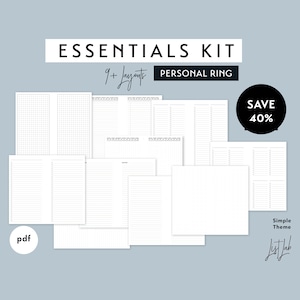 Personal Size ESSENTIALS KIT | Printable Minimalist Ring Planner Insert Set | pdf | Simple Theme 9+ layouts - Dot Grid, Lined, Notes, Lists