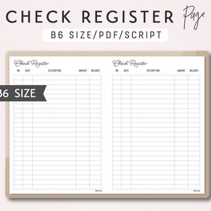 B6 TN Check Register - Traveler's Notebook Printable Insert PDF - Script Theme