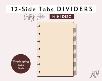 12 SIDE TAB DIVIDERS for Mini Disc bound Planner – Die Cutting Files Set - Overlapping Tabs Style - svg, png, pdf | diy planner