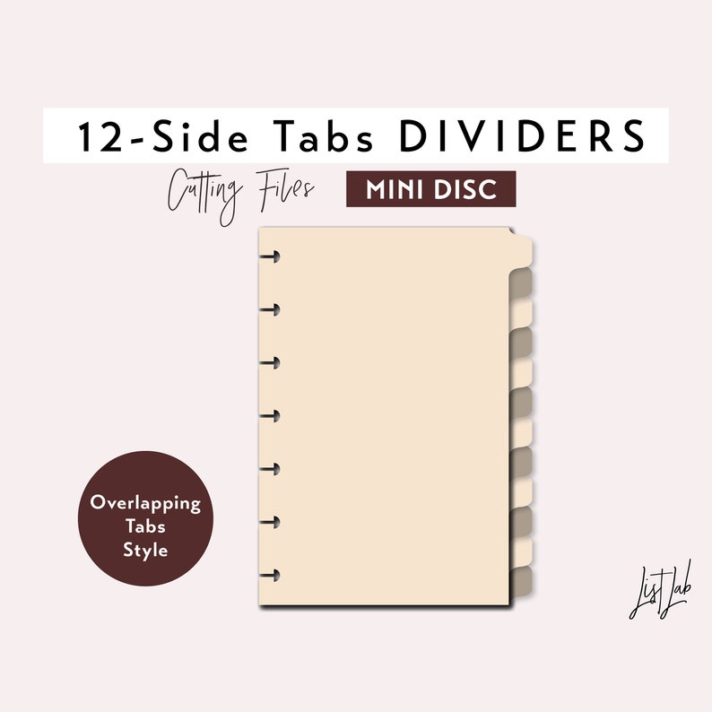 12 SIDE TAB DIVIDERS for Mini Disc bound Planner Die Cutting Files Set Overlapping Tabs Style svg, png, pdf diy planner image 1