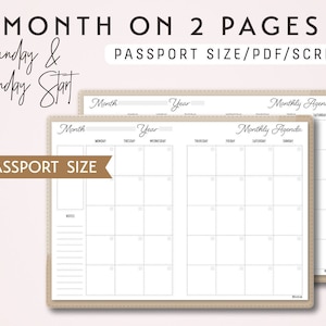 Paspoortgrootte, TN, maand op 2 pagina's - start op zondag en maandag - Afdrukbaar invoegsel voor reizigersnotitieboekje - Scriptthema