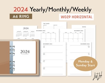 A6 RING 2024 Yearly Monthly Weekly Wo2p HORIZONTAL Printable Planner Inserts Set, Week on 2 Pages Blank Style