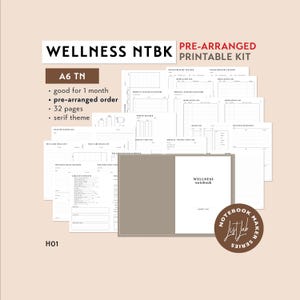 Może przedstawiać: Zestaw do druku notesu wellness w formacie A6. Zestaw zawiera 32 strony z czcionką serif i jest wstępnie przygotowany na miesiąc użytkowania. Okładka zawiera tekst "WELLNESS notebook" i brązowe koło z tekstem "NOTEBOOK List Lab MAKER SERIES".
