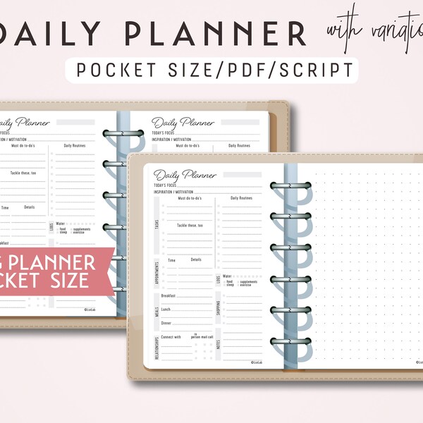 POCKET Size Daily Planner with Variation  | Printable Minimalist Ring Planner Inserts Set | pdf | Script Theme, with hydration water tracker