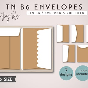Könnte beinhalten: Sieben verschiedene Designs von Umschlägen für ein Reisetagebuch im Format B6. Die Umschläge sind braun mit weißen Innenfutter. Der Text "TN B6 ENVELOPES" und "cutting files" befindet sich oben im Bild. Der Text "TN B6 / SVG, PNG & PDF FILES" befindet sich unter dem Titel. Der Text "TN B6 SIZE" befindet sich unten im Bild. Der Text "7 designs" und "liners included" befindet sich in der unteren rechten Ecke des Bildes.