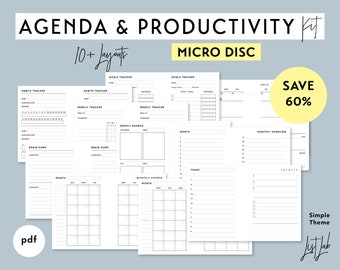 Micro Discbound AGENDA and PRODUCTIVITY KIT | Printable Minimalist Disc bound Planner Insert Set | pdf | Simple Theme | Undated Set