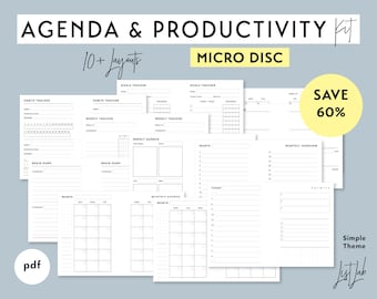 Micro Discbound AGENDA and PRODUCTIVITY KIT | Printable Minimalist Disc bound Planner Insert Set | pdf | Simple Theme | Undated Set