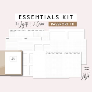 Paspoort TN ESSENTIALS KIT | Afdrukbare minimalistische reizigersnotitieboekjeset | pdf | Eenvoudig: 9+ lay-outs: stippen, lijnen, notities, lijsten