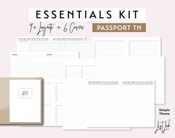 Passport TN ESSENTIALS KIT | Printable Minimalist Traveler's Notebook Insert Set | pdf | Simple - 9+ layouts - Dot Grid, Lined, Notes, Lists