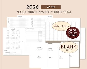 A6 TN 2026 BLANK Style Pre-arranged Printable Bundle - Weekly Wo2P Horizontal | Traveler's Notebook Predated 4 Booklets Insert Set