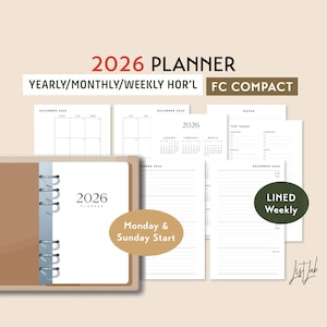 FC COMPACT 2026 Yearly Monthly LINED Weekly Wo2p Horizontal Printable Ring Planner Inserts Set, Week on 2 Pages Blank Style