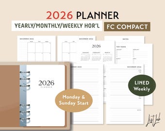 FC COMPACT 2026 Yearly Monthly LINED Weekly Wo2p Horizontal Printable Ring Planner Inserts Set, Week on 2 Pages Blank Style