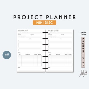 Mini Disc PROJECT PLANNER | Printable Minimalist Discbound Planner Insert | pdf | Simple Theme, Project Goals Milestones Tracker