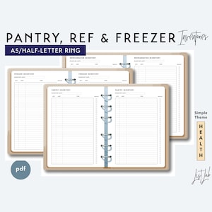 May include: A printable pantry, refrigerator, and freezer inventory list template in a simple theme. The template is designed for use with a half-letter ring binder. The template is available as a PDF download.