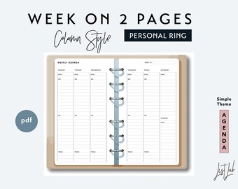 May include: A weekly planner with a simple theme, featuring a column style layout for each day of the week. The planner is designed for personal use and has a ring binding system.