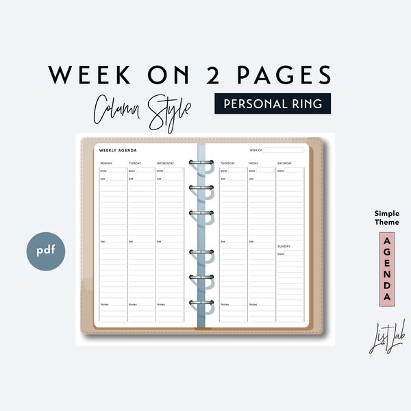 PERSONAL Size Wo2P Vertical - Column Style - Printable Ring Planner Insert PDF - Simple Theme