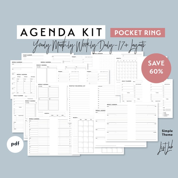Pocket Ring AGENDA KIT | Printable Minimalist Ring Planner Inserts Set | pdf | Simple - 17+ layouts | Yearly, Monthly, Weekly, Daily Planner