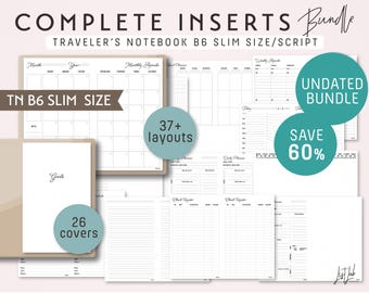 B6 Slim Traveler's Notebook Komplettes Einlagen-Set – Druckbare PDF-Datei – Schreibschrift-Design – Über 37 Blatt mit 26 Umschlägen