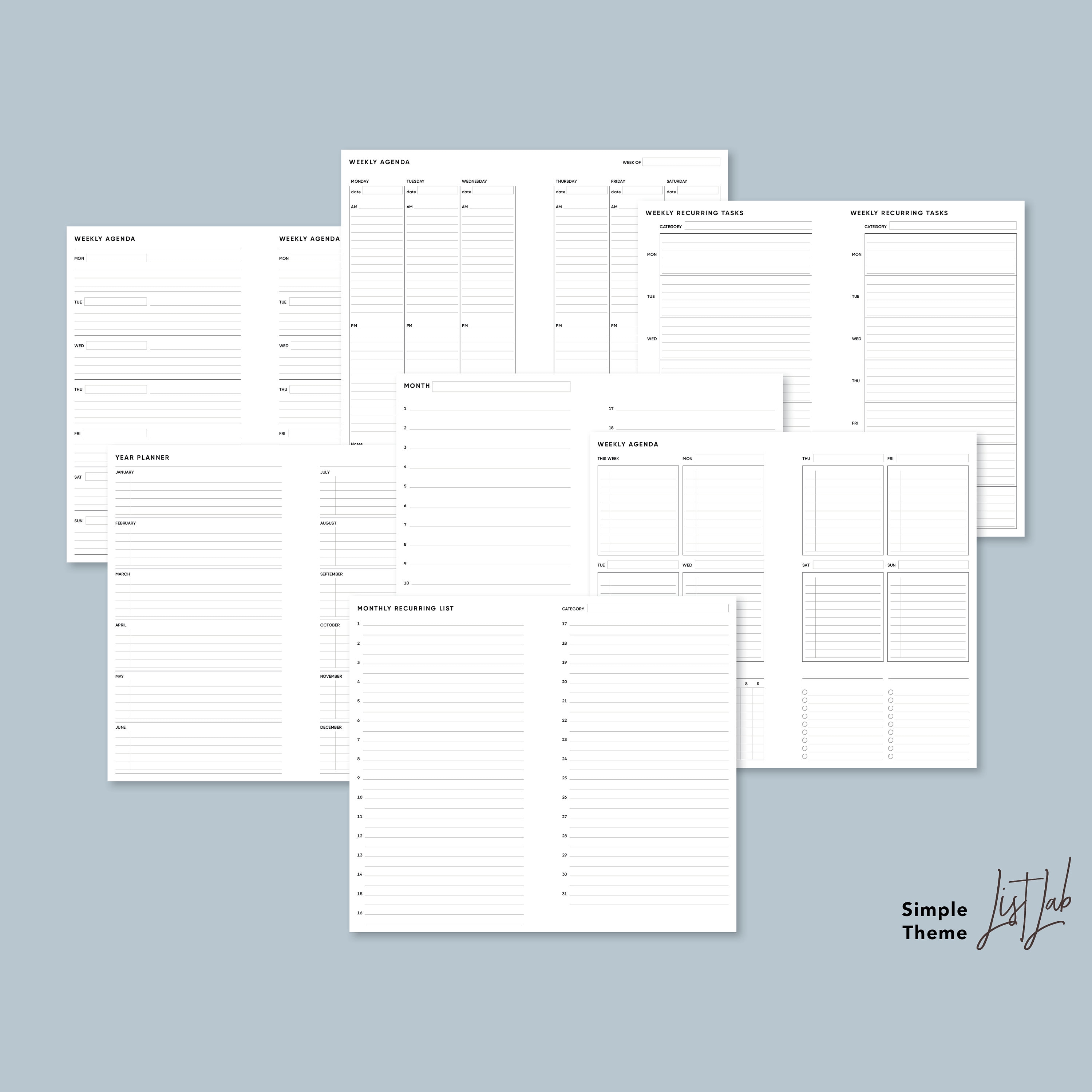 A5 Slim 4.75x8.25in AGENDA KIT Printable Minimalist Ring - Etsy