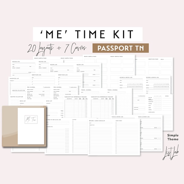 Passport TN ME TIME Kit | Printable Minimalist Traveler's Notebook Inserts Set | pdf Simple - 20 layouts, Books, Movies, Shows, Travel Logs