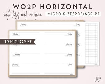 May include: A printable weekly planner in a horizontal format, designed for use with a traveler's notebook. The planner includes a gridded notes section and a weekly spread with spaces for each day of the week. The planner is labeled "WO2P HORIZONTAL with fold out variation MICRO SIZE/PDF/SCRIPT".
