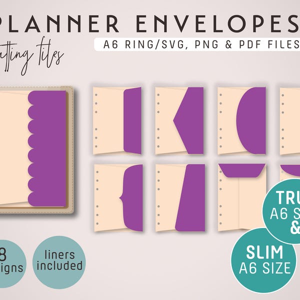 PLANNER ENVELOPES Cutting Files – (8 Designs) for A6 Planners - svg, png & pdf | diy planner