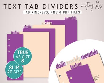 TEXT TAB Dividers and Page Markers for A6 Ring Planner – Die Cutting Files - svg, png, pdf | diy planner