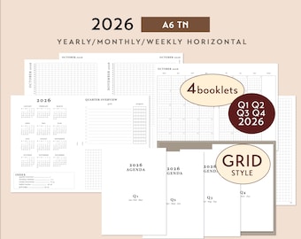A6 TN 2026 GRID Style Pre-arranged Printable Bundle - Weekly Wo2P Horizontal | Traveler's Notebook Predated 4 Booklets Insert Set