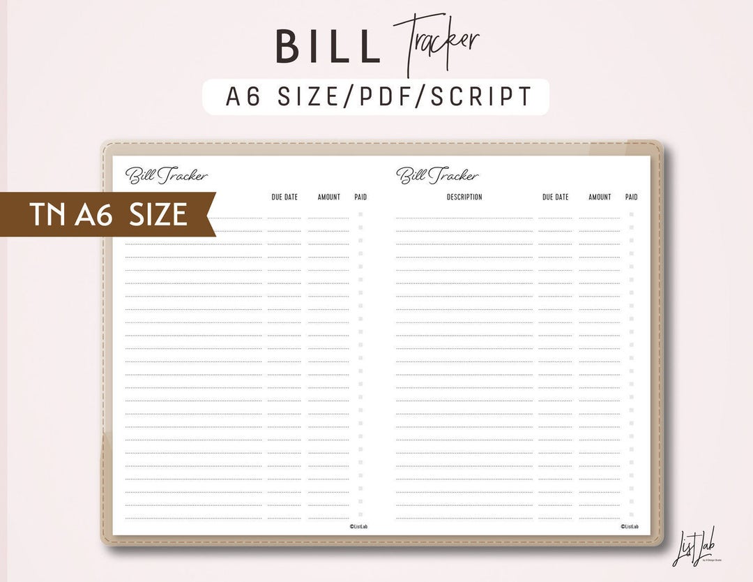 A6 TN Bill Tracker - Traveler's Notebook Printable Insert PDF - Script ...