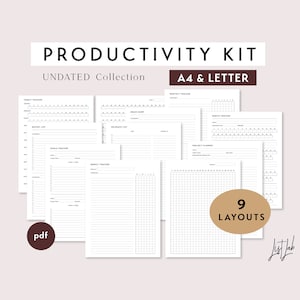 Puede incluir: Un conjunto de imprimibles de kit de productividad sin fecha en tamaños A4 y Carta. Los diseños incluyen rastreadores anuales, mensuales y semanales, una lista de deseos, un rastreador de objetivos, lluvia de ideas, una lista de delegación, un rastreador de hábitos y un planificador de proyectos. La imagen muestra 9 diseños.